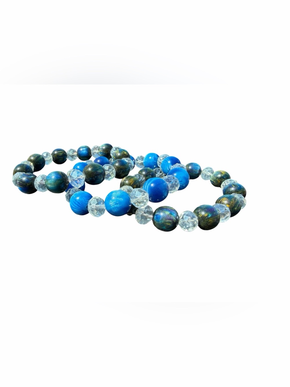 Bundle set of Blue Beaded Stretch Bracelet with Crystal Accents